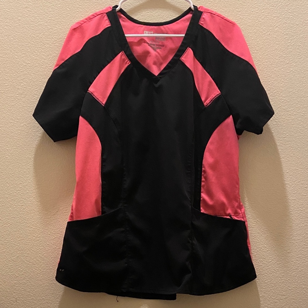 Grays Anatomy Black & Pink V-Neck Scrub Top size XL